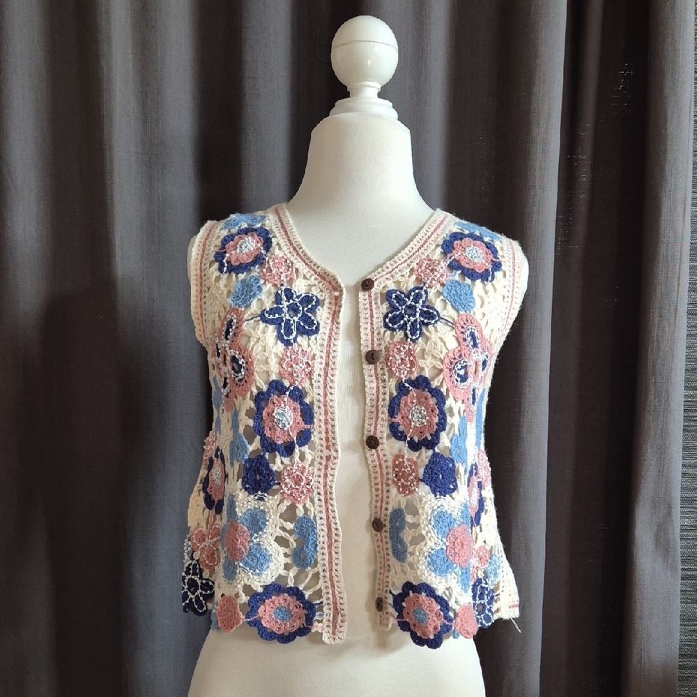 Floral Crochet Vest - Cream, Blue, Pink - Picture 1 of 5